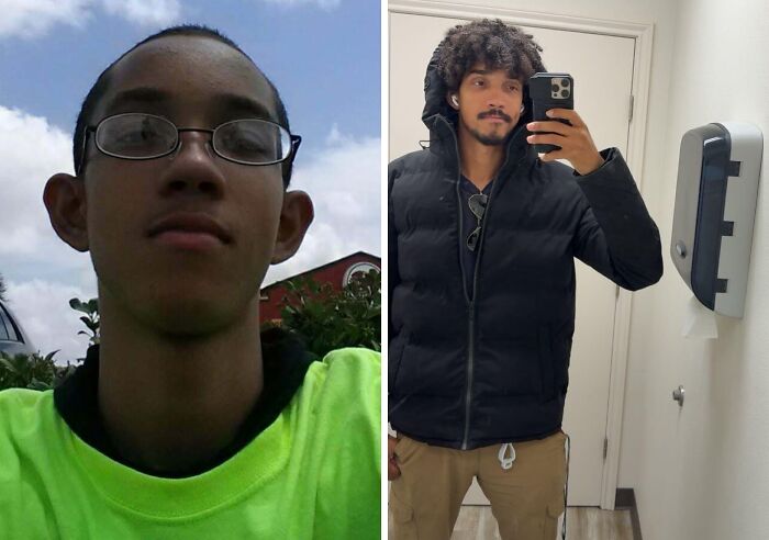 An ugly duckling transformation showing a young man with glasses, then a stylish man with a beard and jacket.