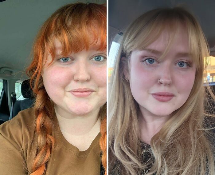 An incredible transformation shows a woman with red braided hair, then with blonde hair, showcasing an ugly duckling glow-up.