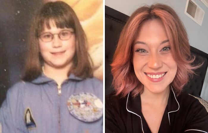 A girl in a space suit transforming into a young woman with pink hair, an incredible transformation.