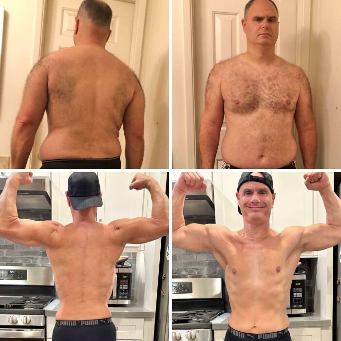 An ugly duckling transformation: A man's remarkable before-and-after fitness journey, highlighting his muscle gain.