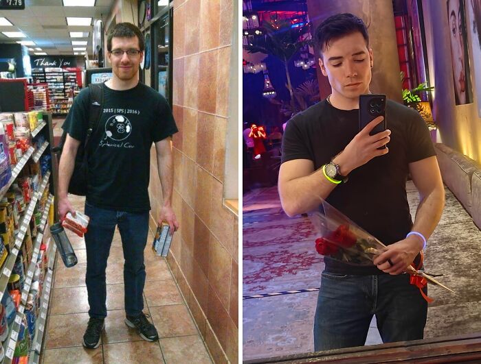 An ugly duckling transformation: A man transforming from a casual shopper to a well-dressed individual holding roses.