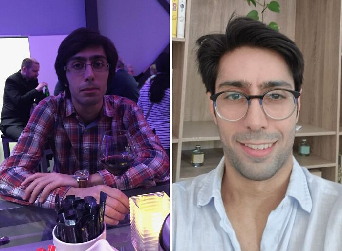 An ugly duckling transformation: A man with glasses, showcasing his impressive glow-up over time.
