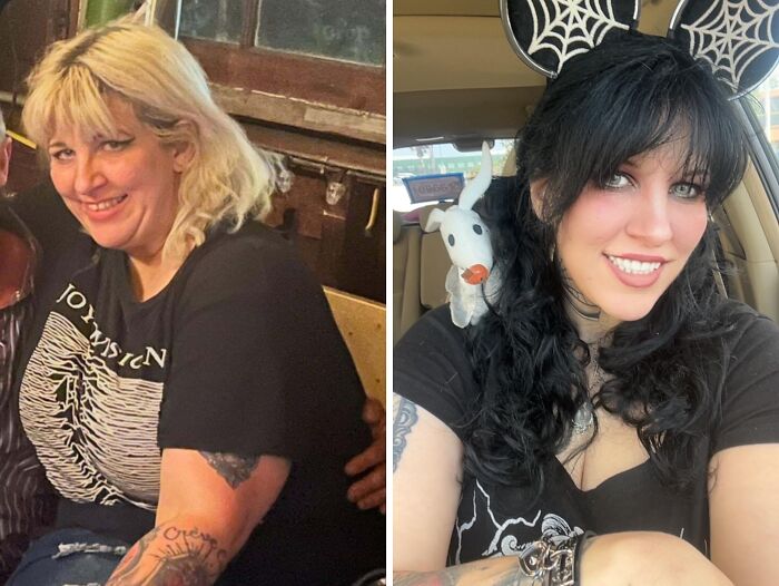An ugly duckling transformation: A woman smiles, showing her journey from a blonde to a dark-haired, confident person.