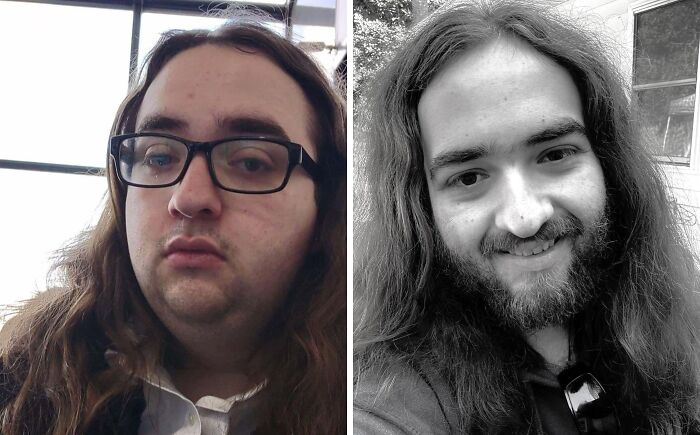 Man's amazing transformation from an ugly duckling with long hair and glasses to a smiling, bearded face.