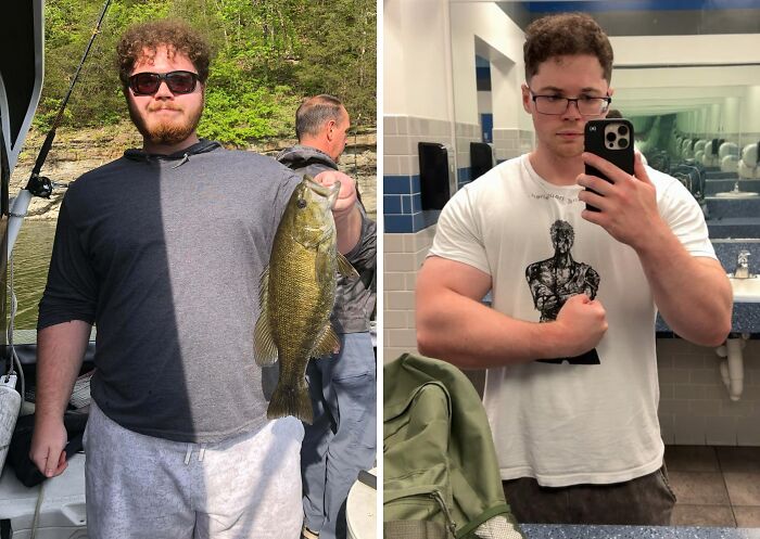 Fitness transformation: a man goes from an ugly duckling holding a fish to a muscular, posing individual in a gym.