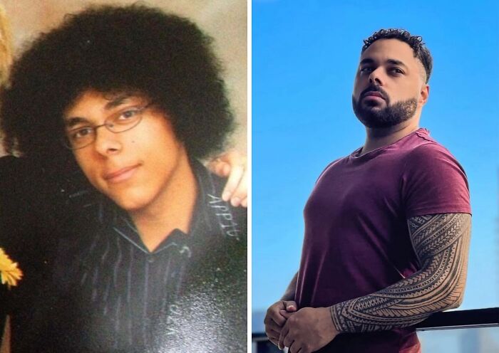 An ugly duckling transformation: A young man with an afro and glasses, then a man with a beard and tattoos.