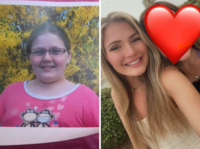 A before and after image showcasing an ugly duckling transformation of a woman with glasses. She now looks stunning.