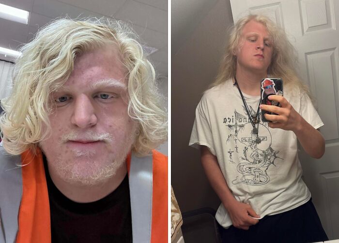 An ugly duckling transformation of a man with blonde hair. He looks much more confident and stylish in the after photo.