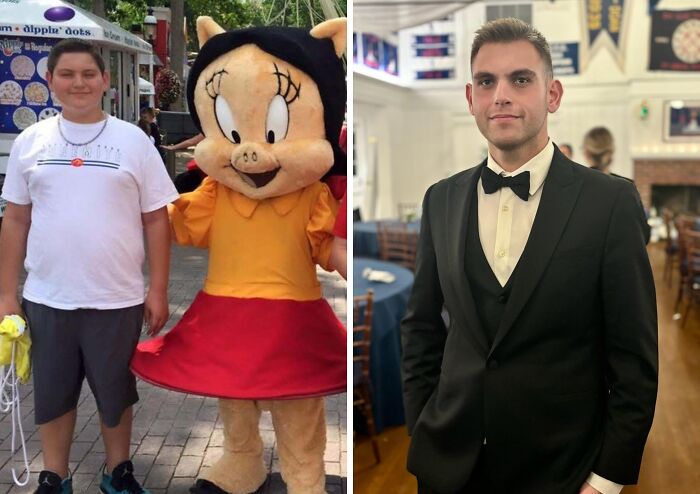 A split image showing an incredible transformation of a man from an overweight 'ugly duckling' child to a handsome adult in a suit.