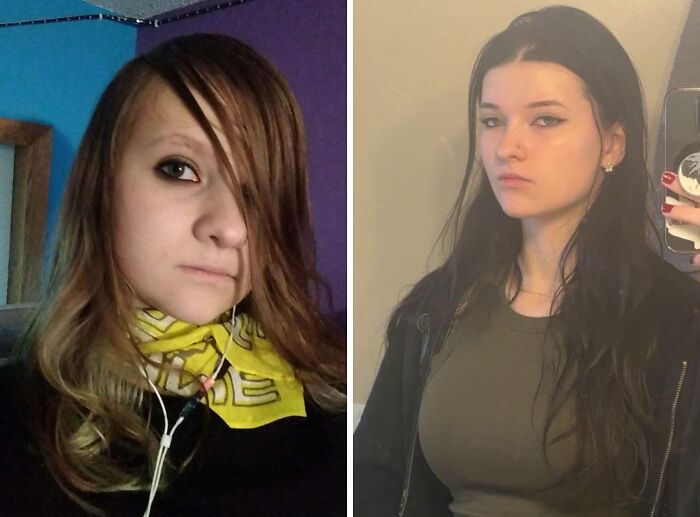 Side-by-side images highlight an ugly duckling undergoing an incredible transformation into a stylish young woman.