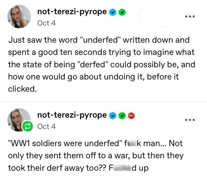 A Tumblr post with a humorous take on the word underfed and derf, a funny moment from Tumblr.
