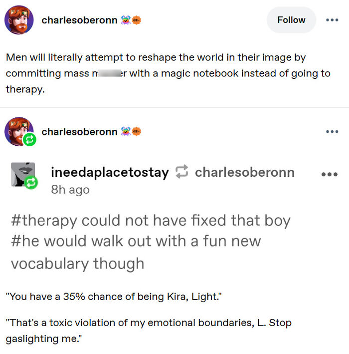 A Tumblr post discussing men, therapy, and D***h Note characters, among the best things shared on Tumblr.