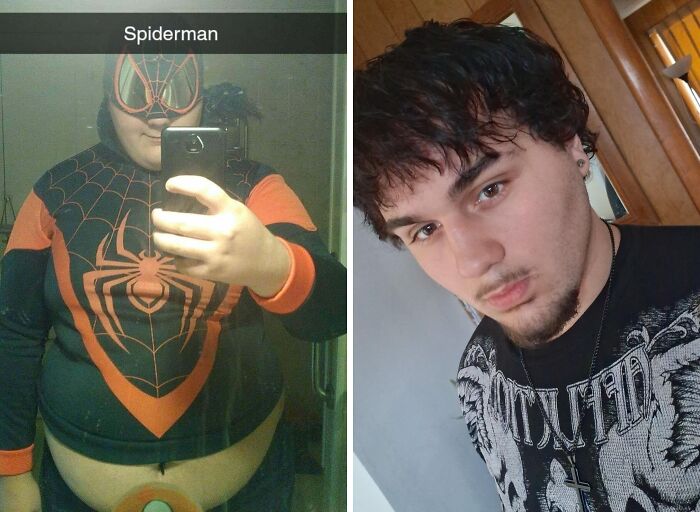 An ugly duckling shows an incredible transformation from wearing a Spiderman costume to a leaner, more confident appearance.