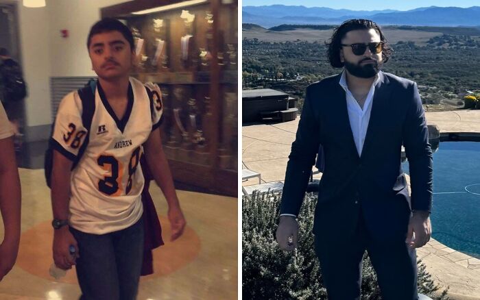 An ugly duckling transformation reveals a young man in a jersey and then an adult in a suit, showing an incredible glow-up.