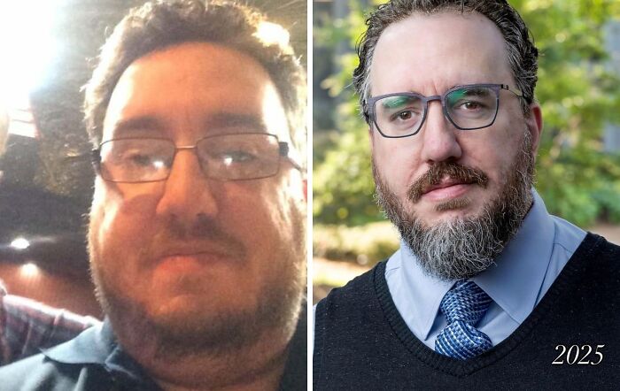 Man's incredible transformation from an ugly duckling to a stylish gentleman with a beard and glasses.