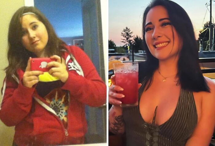 An ugly duckling transformation: A young woman taking a mirror selfie, then a smiling woman holding a drink outdoors.