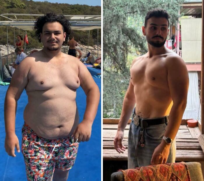 An ugly duckling transformation: A man with a large build on a boat, then as a muscular man posing on a deck.