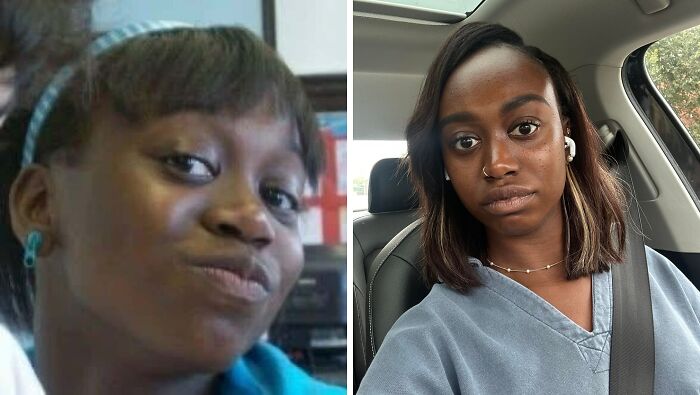 A before and after image showing an ugly duckling transformation of a young woman looking confident.