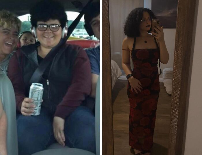 An ugly duckling transformation of a woman in a car. She now looks confident in a stunning dress.