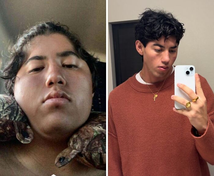 A before and after image showing an ugly duckling transformation of a man. He looks much more confident and handsome.