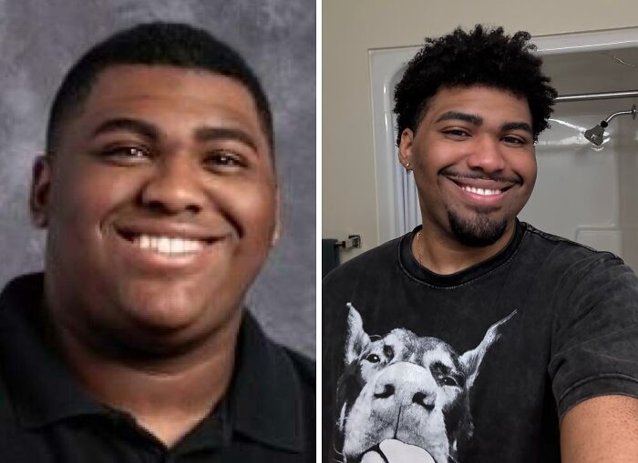 A man's incredible transformation, a smiling 'ugly ducklings' glow-up with a new hairstyle and beard.