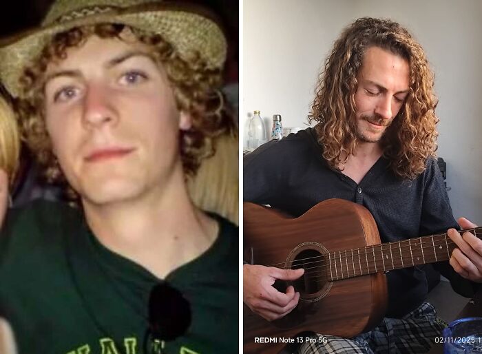 A man's incredible transformation, showcasing his 'ugly ducklings' journey to long curly hair and guitar playing.