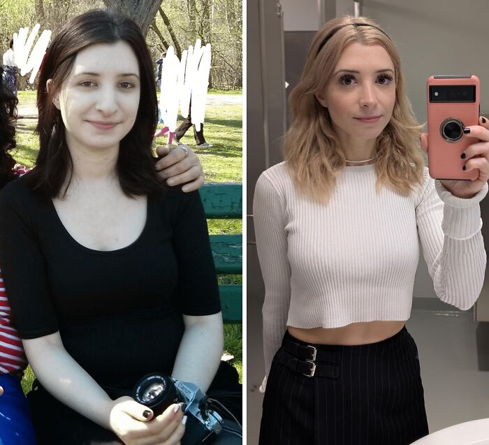 A woman's incredible transformation from dark hair to blonde, showing her 'ugly ducklings' glow-up.