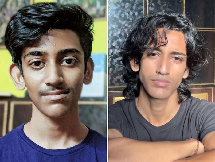 A split image showing an incredible transformation of a man from a younger 'ugly duckling' to an adult with long, stylish hair.