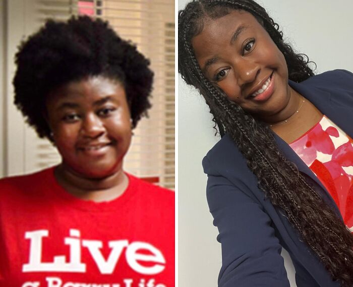A split image showing an incredible transformation of a woman from a younger 'ugly duckling' with natural hair to a braided stylish adult.
