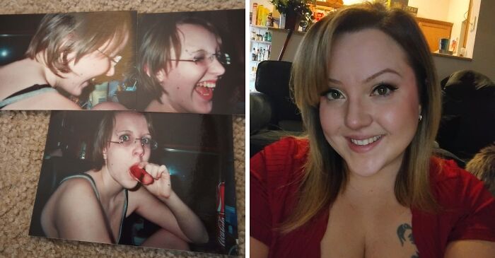A split image showing an incredible transformation of a woman from a younger 'ugly duckling' to a beautiful adult.