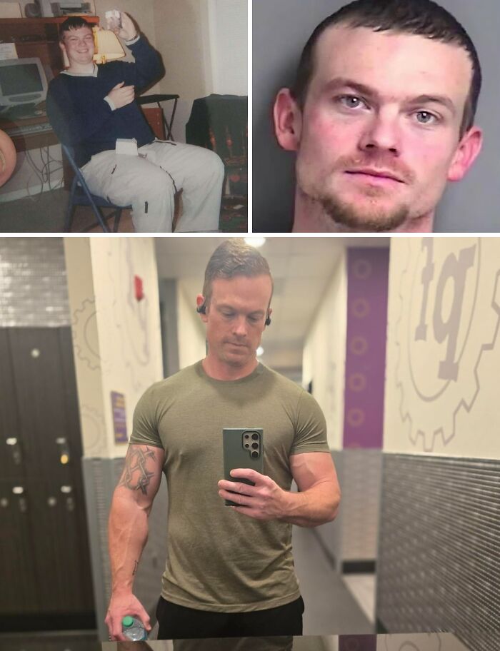 A split image showing an incredible transformation of a man from a younger, less fit 'ugly duckling' to a muscular adult.