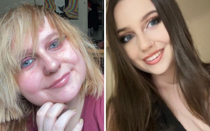 An incredible transformation of an ugly duckling woman, with a confident and radiant glow-up.