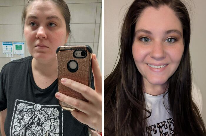 An incredible transformation of an ugly duckling woman, smiling brightly after her glow-up.