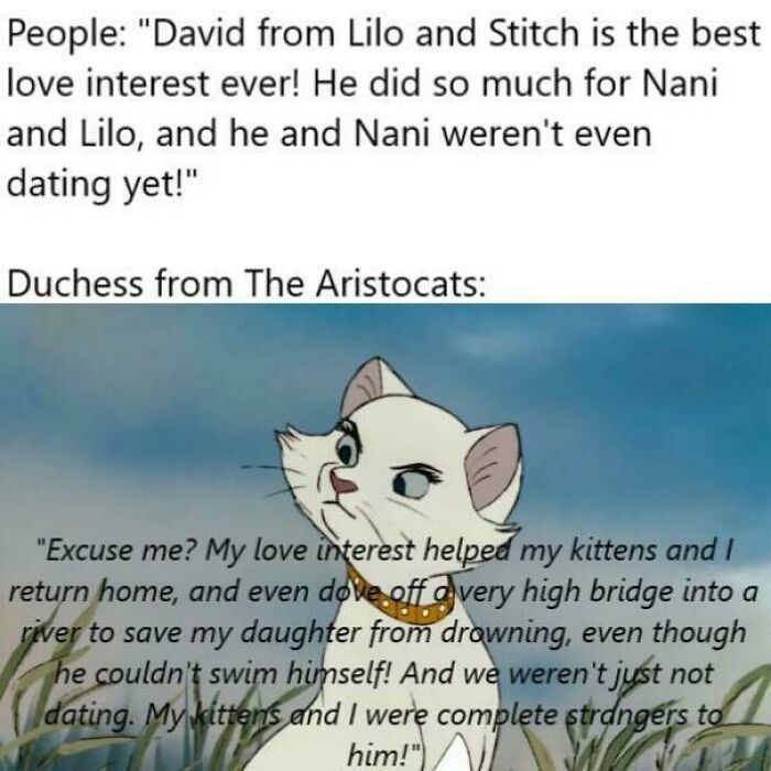 A meme contrasting David from Lilo and Stitch with Duchess from The Aristocats, a wholesome image highlighting love interests.