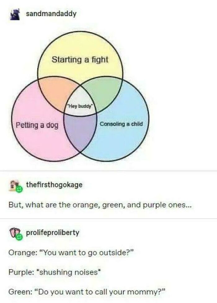 A Venn diagram titled 'Starting a fight', 'Petting a dog', and 'Consoling a child' overlapping, with 'Hey buddy' in the middle. One of the best things on Tumblr.