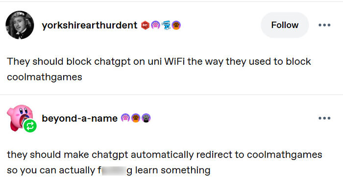 A Tumblr post about blocking ChatGPT on university WiFi, comparing it to blocking Cool Math Games. One of the best things shared on Tumblr.