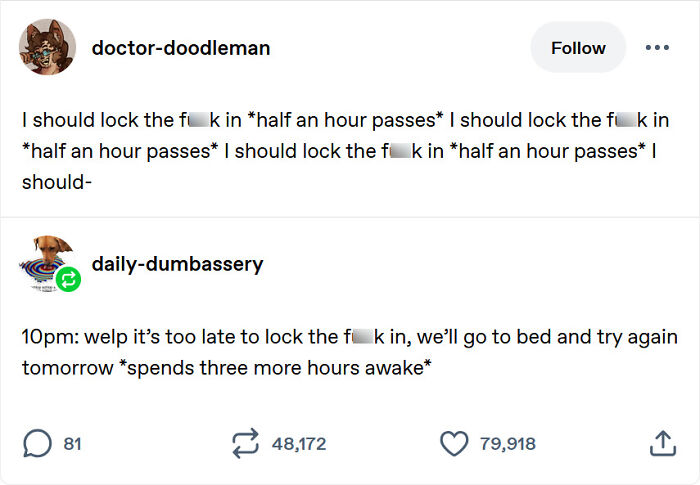 A Tumblr post featuring a conversation about procrastinating on locking a door, which is one of the best things shared on Tumblr.
