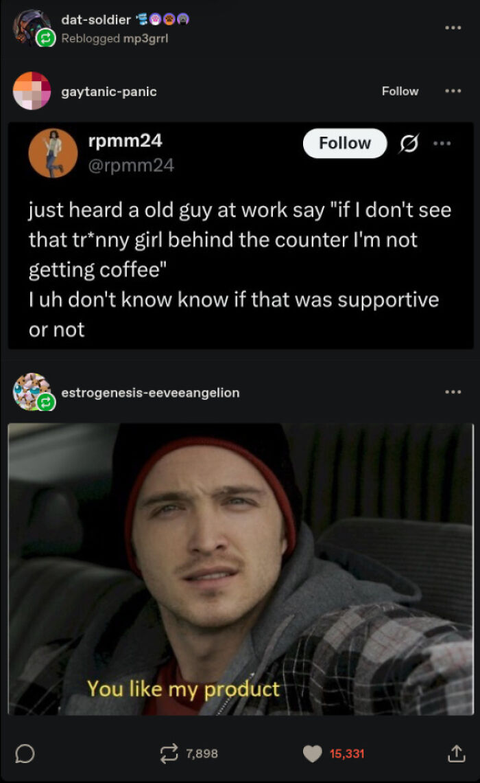 A Tumblr post and reaction image about an old man's comment at work, with a Breaking Bad meme. One of the best things on Tumblr.