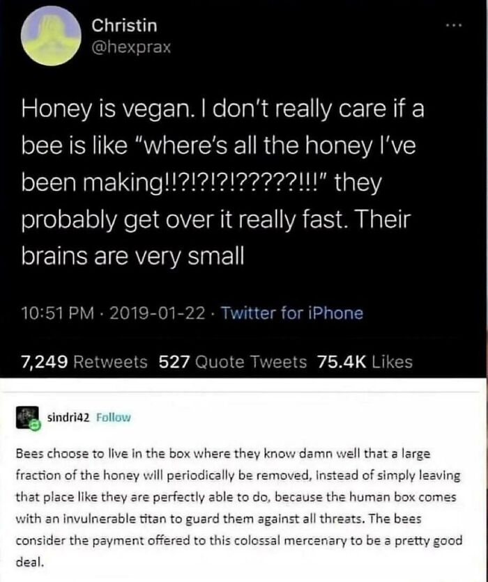 A Twitter post about honey being vegan, followed by a Tumblr post explaining why bees might be okay with humans taking honey. One of the best things on Tumblr.