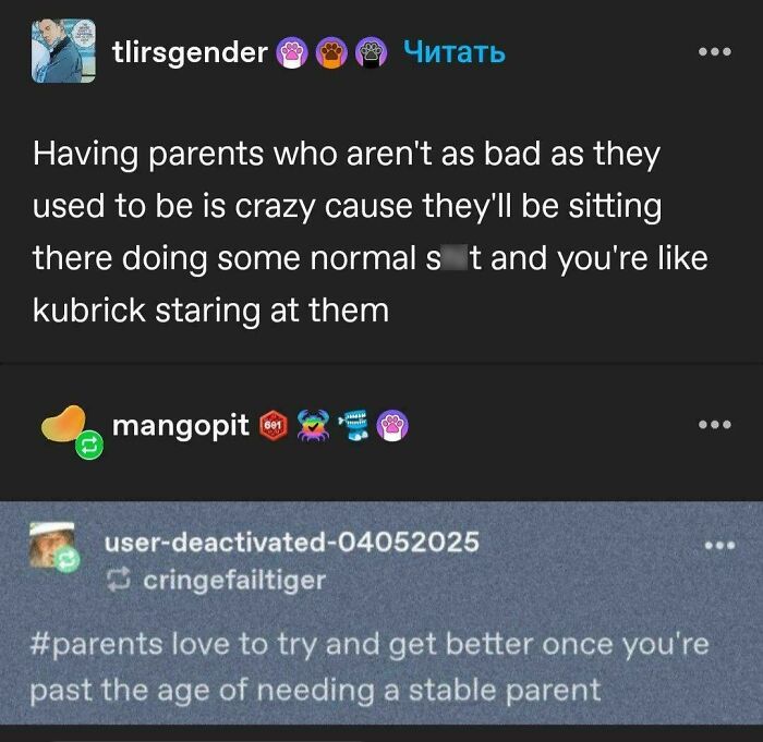 A Tumblr post discussing parents improving later in life, and a reply with the hashtag #parents, among best Tumblr things.