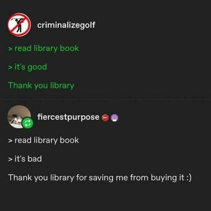 Two Tumblr posts thanking the library for good and bad books, highlighting best Tumblr things shared online.