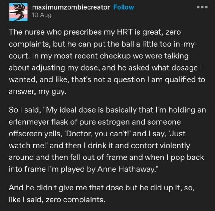A Tumblr post about the best things, discussing HRT dosage and a humorous ideal estrogen dose.