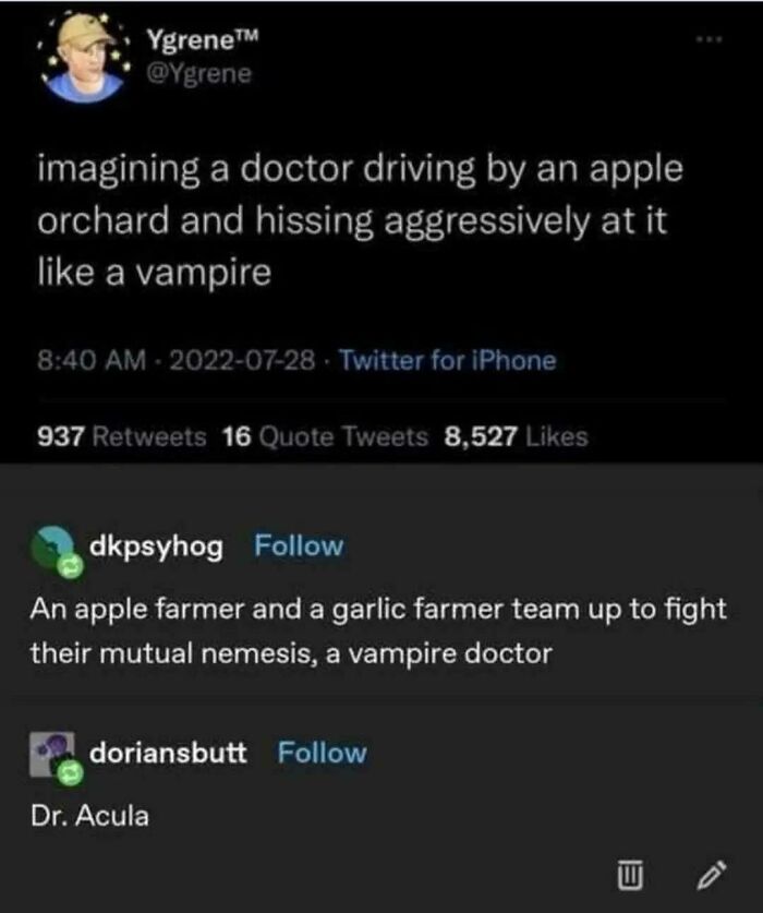 A Tumblr post about the best things, imagining a doctor hissing at an apple orchard like a vampire.