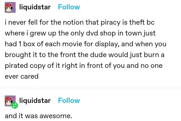 A Tumblr post about the best things, detailing an experience where a DVD shop burned pirated copies.