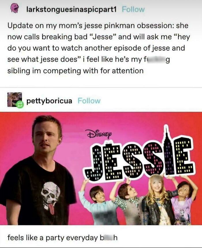 A Tumblr post about a mom's Jesse Pinkman obsession, confusing Breaking Bad with the Disney show Jessie. Best Things on Tumblr.