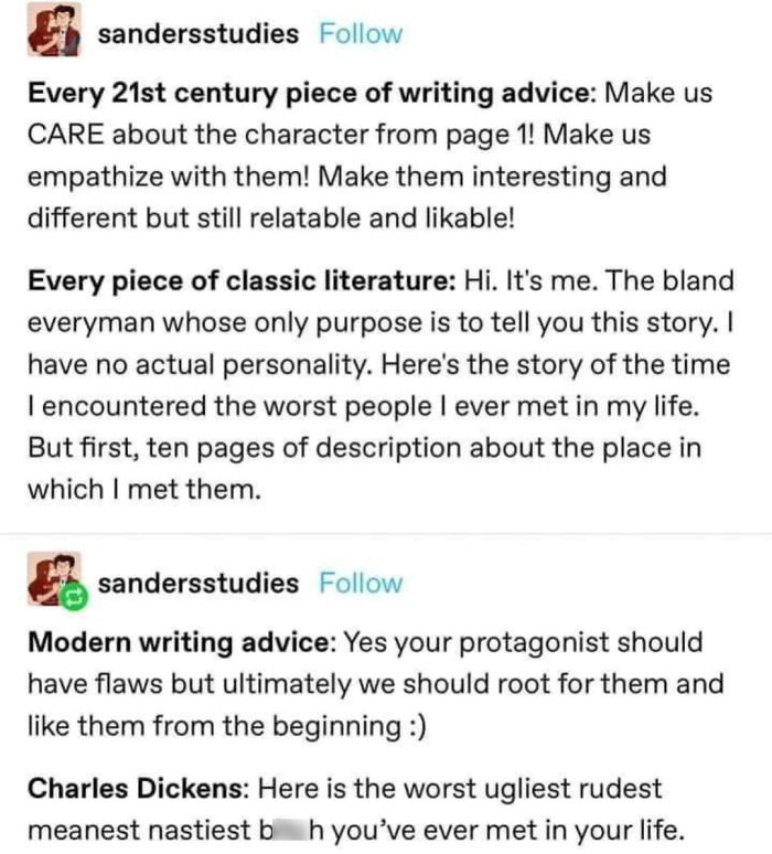 A Tumblr post comparing 21st-century writing advice to classic literature, highlighting different approaches to character development. Best Tumblr posts.