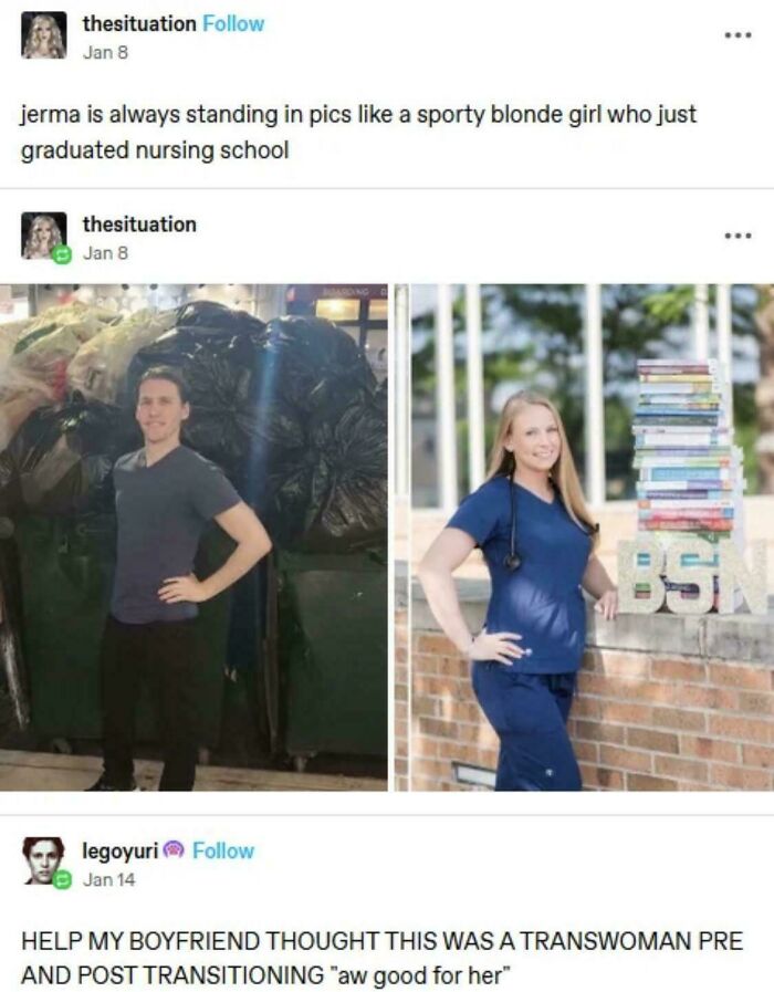 A humorous Tumblr post comparing a man standing like a sporty blonde nurse to actual nursing school graduation photos. Funny Tumblr pics.