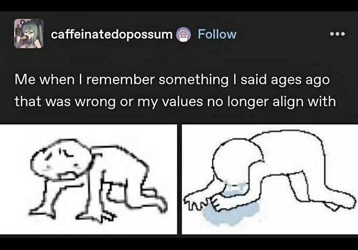 A Tumblr post showing two minimalist drawings of a person shrinking and crying, illustrating remembering past mistakes. Relatable Tumblr moments.