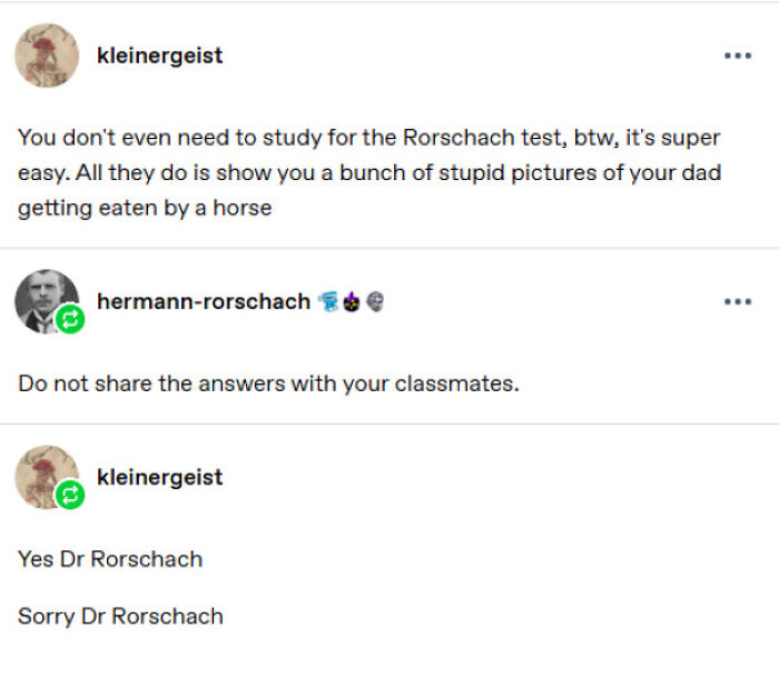 A funny Tumblr post discussing studying for a Rorschach test, featuring a humorous exchange with Hermann Rorschach. Best Things on Tumblr.