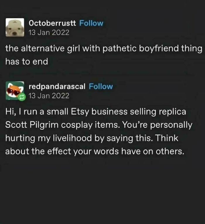 A Tumblr post with a user complaining about alternative girls with pathetic boyfriends, met with a sarcastic response from an Etsy seller of Scott Pilgrim cosplay items, highlighting funny shared things.
